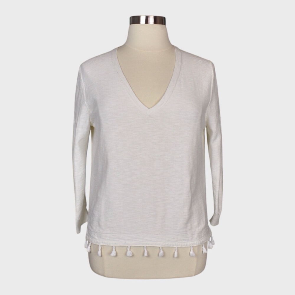 J Crew Slub Cotton Blend V-Neck Tassel Hem Top‎